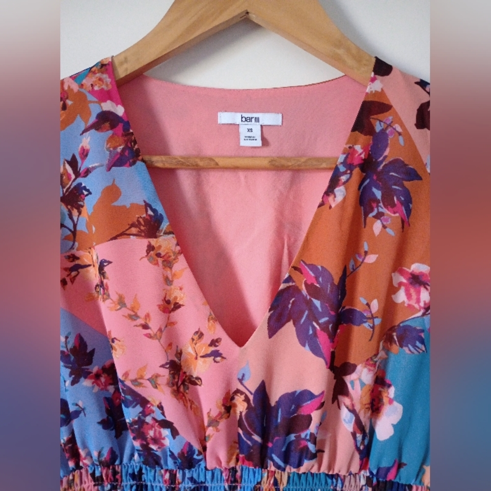 Floral Multicolor Patchwork Style Mini Dress with Ruffles Size XS - Picture 5 of 13